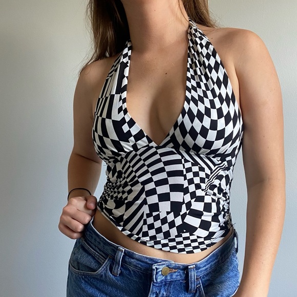 Black & White Checkered Persaya Tie Crop Top (S) - Picture 1 of 3